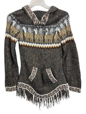 Albina Alpaca Knit Poncho Hoodie Fringe Hem Sweater XS?